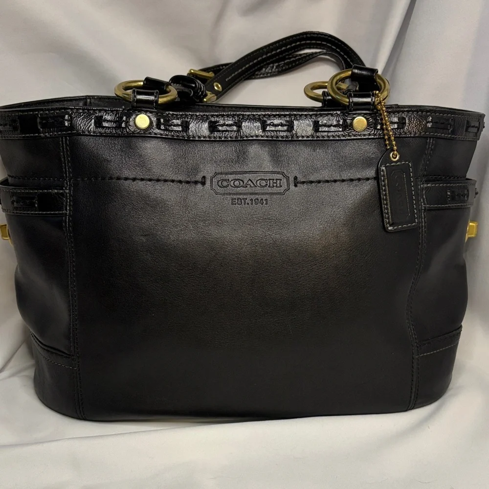 Coach Black Leather Tote with Gold Accents